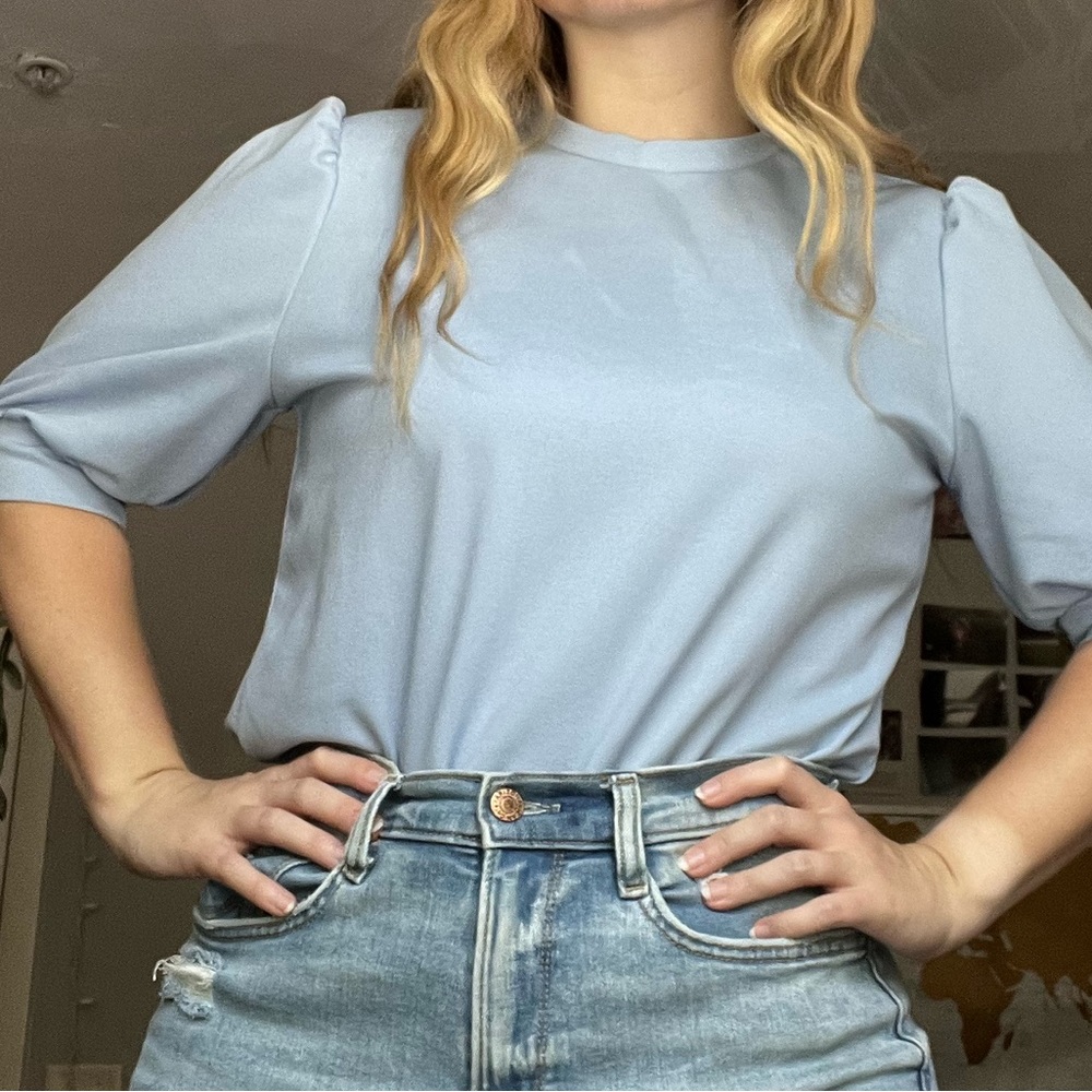 Blue Puff-Sleeved Blouse